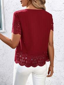 SHEIN Clasi 女式休闲宽松烧花圆领短袖衬衫，春夏 - 紅色 - 查看 2