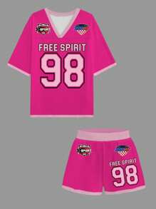 Slaydiva 2025春夏休闲极简“自由精神”数字98印花V领宽松T恤和短裤两件套，适合女士，适合锐舞派对、伊比沙岛乡村音乐会、纳什维尔等场合。