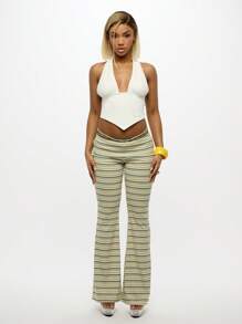 SUMWON WOMEN 翻边腰喇叭裤 Y2K 复古条纹针织裤喇叭裤舞蹈瑜伽阔腿节夏季沙滩裤 - 彩色 - 查看 3