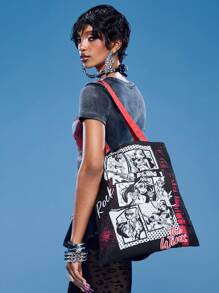 Winx Club X ROMWE Cartoon Printed Fashion Portable Tote Shoulder Bag For Women - Black - View 2