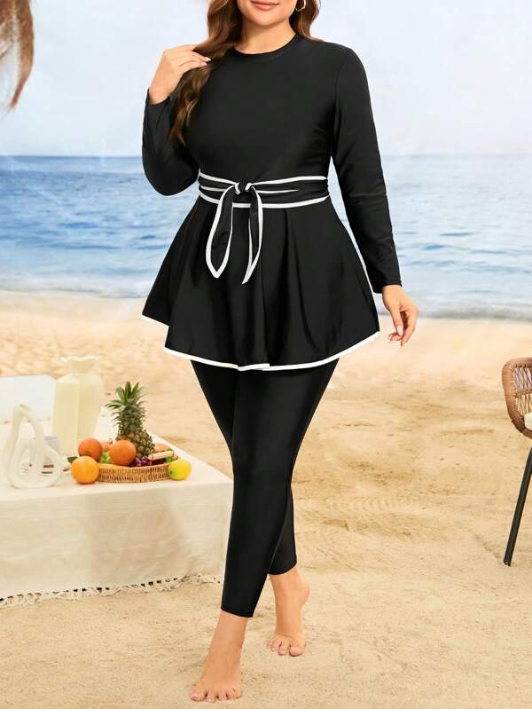 Swim Shayni Plus Size Women's 2 Pieces Solid Color Long Sleeve Zipper Dress And High Waist Long Pants Burkini Swimwear Set, Fashion For Summer Beach Vacation