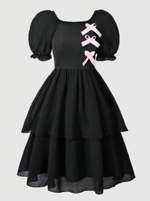 SHEIN Explorewe Teen Girl Bowknot Decor Square Neck Short Puff Sleeve Mini Dress - Black - View 4