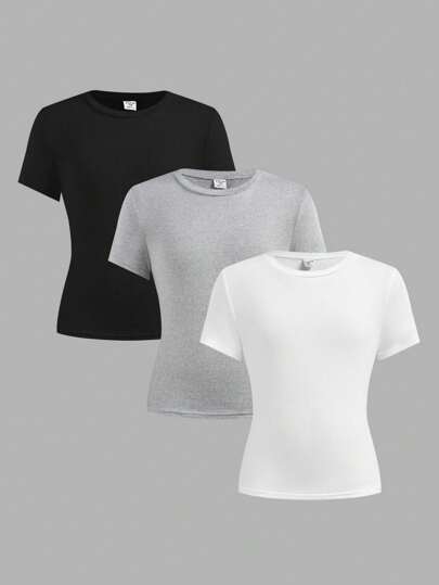SHEIN Girlism Tween Girl Slim Fit Casual Minimalist Comfortable 3-Piece Set, Round Neck Long Tight Fitting Short Sleeve T-Shirt