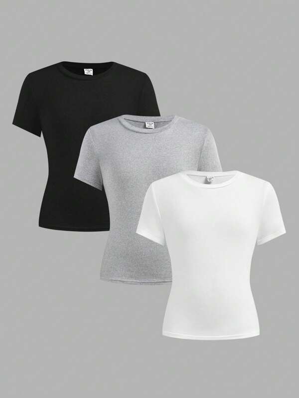SHEIN Girlism Tween Girl Slim Fit Casual Minimalist Comfortable 3-Piece Set, Round Neck Long Tight Fitting Short Sleeve T-Shirt