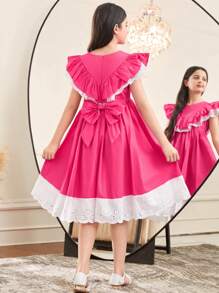 SHEIN Tween Girl Elegant Lace Ruffle Round Neck Short Sleeve Dress - Hot Pink - View 8