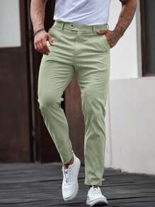 Manfinity Homme Men's Casual Solid Color Slanted Pocket Suit Pants - Green - View 3