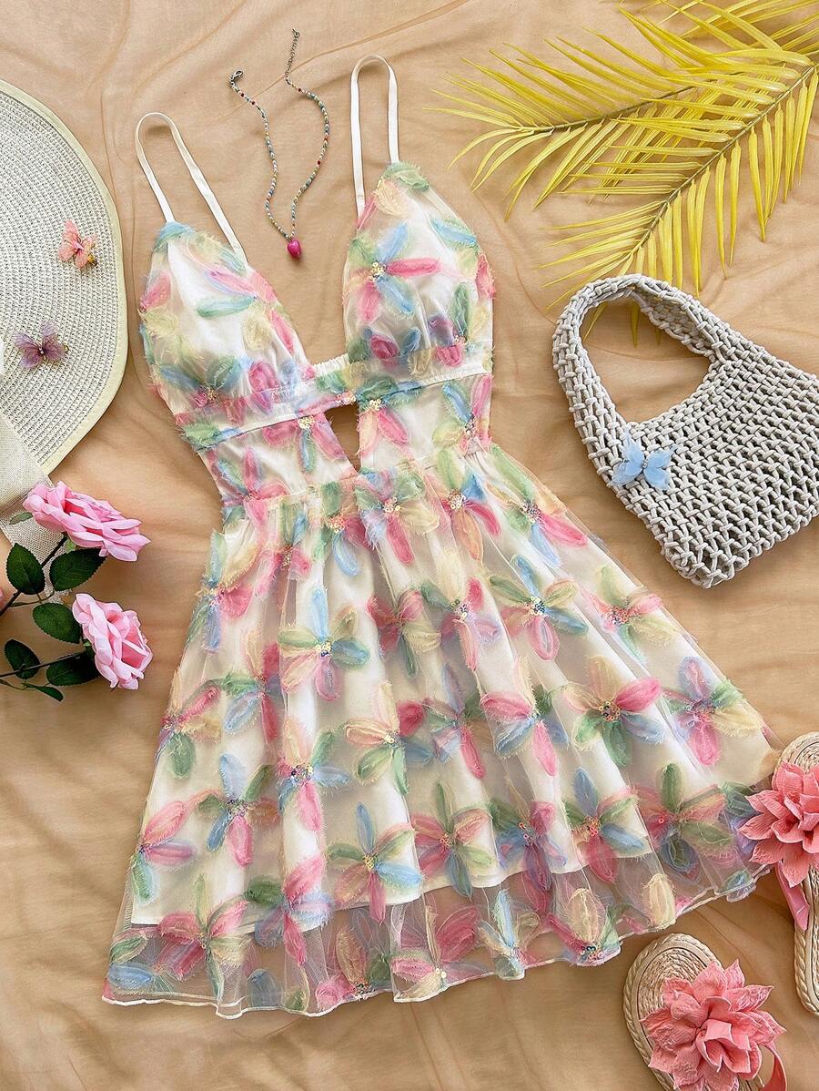 Soleia Váy ngắn hở lưng chữ V không tay khoét sâu chữ A nhiều màu thêu hoa 3D cho ngày lễ dành cho nữ, phong cách đồng quê lãng mạn cho tiệc bãi biển mùa hè - Nhiều màu - Xem 1