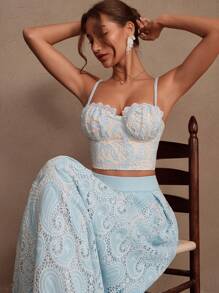 Savoree Women's Elegant Light Blue Hollow Floral Embroidery Spaghetti Strap Sleeveless Crop Top, Suitable For Summer, Holiday, Casual, Festival, Going Out, Vacation