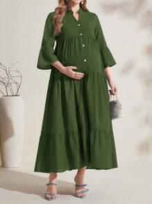 SHEIN Maternity Solid V-Neck Long Loose Patchwork Button Dress - Green - View 4