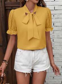 SHEIN Clasi Blusa de unicolor de manga corta para mujer, de moda para el verano - Amarillo - Ver 4