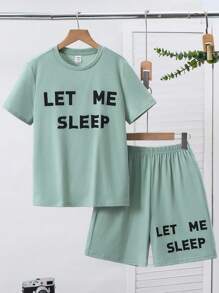 SHEIN Tween Boy's Casual Letter Graphic Crew Neck Short Sleeve T-Shirt And Shorts 2 Pieces Pajama Set