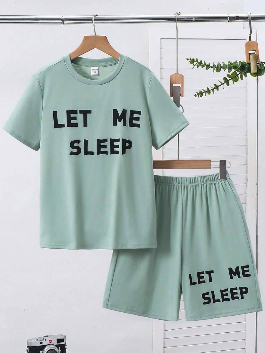 SHEIN Tween Boy's Casual Letter Graphic Crew Neck Short Sleeve T-Shirt And Shorts 2 Pieces Pajama Set