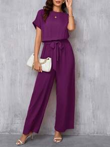 SHEIN Clasi Women's Elegant Round Neck Romper With Belted Waist & Wide Leg Purple - Red Violet - View 5