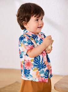 Cozy Pixies 3pcs/Set Toddler Boys Plant & Floral Print Lapel Short Sleeve Top, Button Down Shirt, And Elastic Waist Shorts Outfit