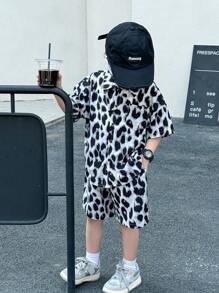 SHEIN 2 Pieces Young Boy Casual Sports Leopard Print Shirt And Shorts Set,Summer Kids Outfits For School,Daily Leisure,Vacation,Travel,Birthday Party - Multicolor - View 6