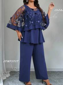 DreamSkyne Conjunto de 2 piezas de talla grande con cubierta bordada en 3D de malla + pantalones anchos de pierna ancha, elegante y casual