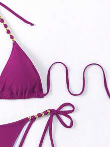 SHEIN Swim Summer Vacation Beach Beaded Detail Halter Bikini Set - Hot Pink - View 5