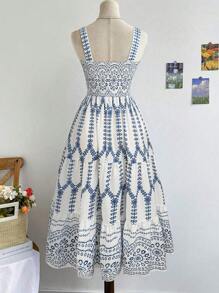 Elenzga 大码女式浪漫花卉印花飘逸连衣裙、度假连衣裙 - 藍白色 - 查看 2