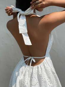 Sunnyshic Unique Sleeveless Hollow Embroidery Backless Halter Neck Dress