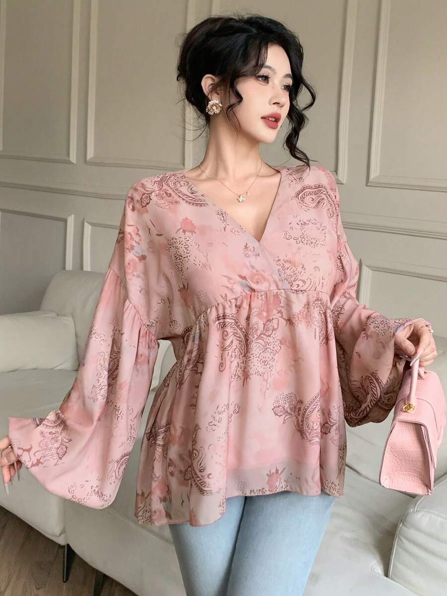 DAZY 宽松印花长袖圆领休闲度假女式衬衫，夏季荷叶边复活节 - 粉色 - 查看 1