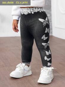 Baby Girl Knitted Denim Effect Butterfly Pattern Leggings, Suitable For Outings, Gatherings And Parties - Black - View 9