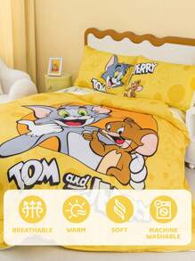 TOM & JERRY X SHEIN Juego de ropa de cama con estampado de dibujos animados y letras