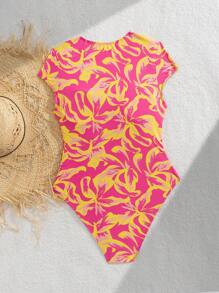 Swim SPRTY Women Summer New Floral Print Zipper Short Sleeve Beach Sports One-Piece Swimsuit - Multicolor - View 5