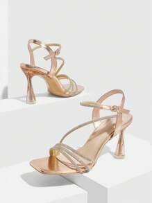 CUCCOO SZL Women's Champagne Square Toe Rhinestone Chain Strap Transparent Block Heel Sandals, Suitable For Dresses - Champagne - View 5