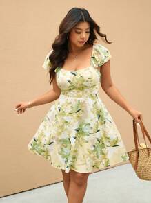 SHEIN Frenchy Plus Size Women Floral Print Back Tie Ruffle Sleeve Dress, Vacation Attire - Multicolor - View 4