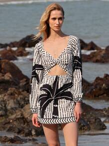 Lumivelle Vestido corto de manga larga con diseño de lunares y palmeras en estilo de vacaciones para mujeres