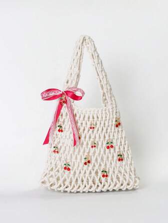 Fairycore 1pc Fashionable Personalized Spring/Summer Beach Vacation Style Orange Ocean Woven Beach Bag, Large Size Women Handbag