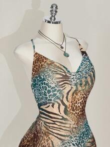 SHEIN ICON 加大码豹纹垂坠领吊带背心紧身 A 字中长连衣裙，波西米亚风格，适合夏季度假 - 彩色 - 查看 4