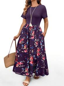 SHEIN Clasi Vestido casual de punto con flores y bolsillos laterales para mujer de talla grande, con cintura favorecedora, apropiado para el día a día y vacaciones en la playa
