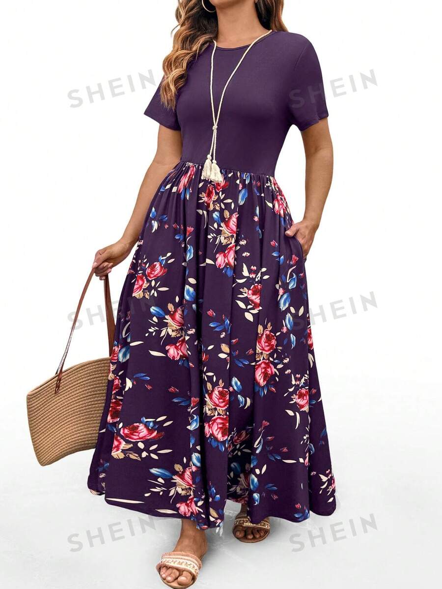 SHEIN Clasi Vestido casual de punto con flores y bolsillos laterales para mujer de talla grande, con cintura favorecedora, apropiado para el día a día y vacaciones en la playa