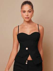 L'Amorae 优雅办公室不对称紧身胸衣，配金色纽扣 - 黑色 - 查看 4