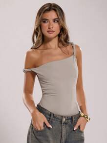 SHEIN BAE 女士夏季纯黑色不对称颈部扭纹紧身衣/休闲修身紧身衣，时尚百搭/无袖修身紧身衣 - 灰色 - 查看 7