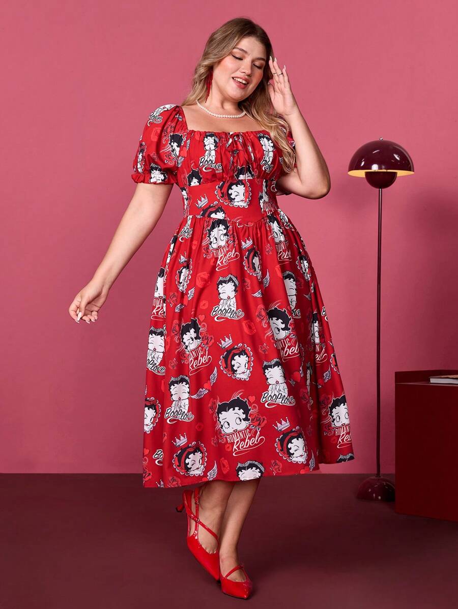 Betty Boop x SHEIN 夏季服装可爱狂欢音乐会度假海滩休闲波西米亚风性感优雅复古酷红色加大码夏季肖像玫瑰心形图案褶皱泡泡袖连衣裙