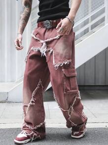 Manfinity EMRG Men's Burgundy Denim Long Jeans With Zipper Details And Distressed Frayed Design - Burgundy - View 1