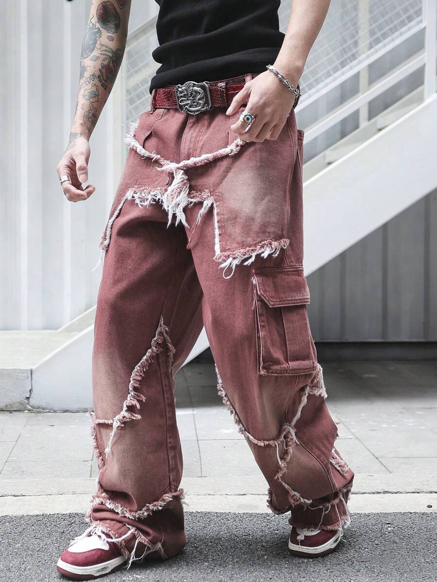 Manfinity EMRG Men's Burgundy Denim Long Jeans With Zipper Details And Distressed Frayed Design - Burgundy - View 1