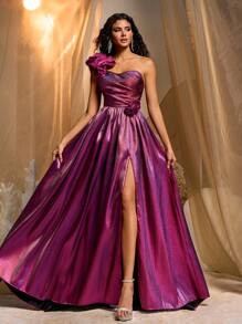 Glamrae Elegantes luxuriöses beschichtetes Jacquard-Satin 3D-Blumen-Volant-Kleid mit großem Saum, geeignet für Hochzeit, Party, Cocktail, Urlaub, Ball, Abendveranstaltung (schwere Ausführung), Formal, Abendkleid, für Hochzeitsgäste - Violett - Übersicht 5