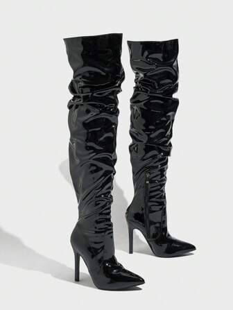 CUCCOO SZL Women's Thin Heels Black Boots, Sexy Party/Dance Boots, Wide Leg Pleated Thigh High Boots For Autumn/Winter