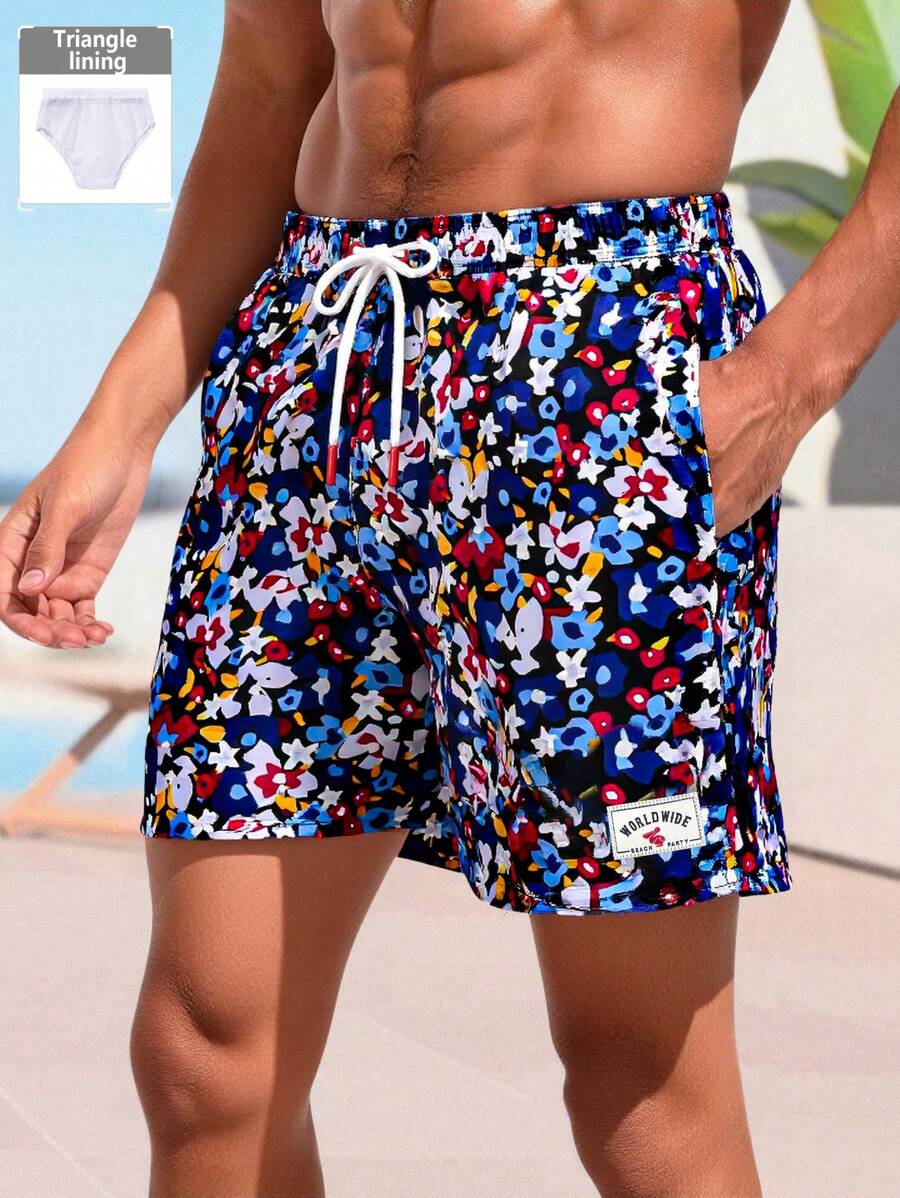 Surfspeed Men's Floral Print Drawstring Waist Beach Shorts, Summer