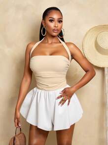 BamGleam Combinaison moulante femme de couleur unie avec col ras-du-cou et taille attachée, essentielle pour les vacances d'été - Multicolore - Voir 4
