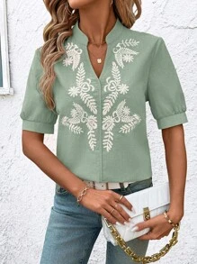 SHEIN Clasi V-Neck Eyelet Embroidery Women Shirt, Fashionable For Summer, Christmas - Mint Green - View 3
