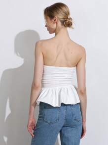 SHEIN LUNE Bodysuit Wanita Kasual Tanpa Tali dengan Detail Kerut, 2 In 1, Desain Kerut, Lucu & Menawan, Warna Polos - Putih - View 3