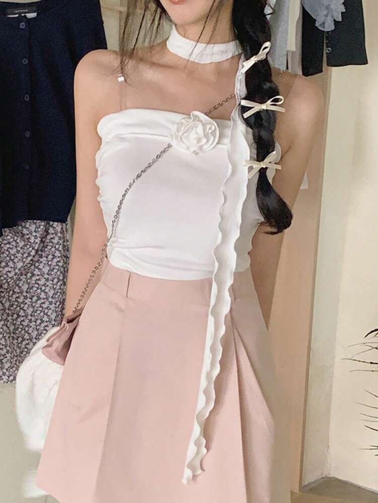 3D Floral Decor Lace-Up Cropped Cami Tank Top