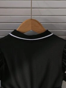 SHEIN Mädchen koreanische Version Sommer Neu Elegantes Prinzessinnenkleid, Kleid mit Polokragen, Puffärmeln, Patchwork, Schleife und weitem A-Linien Rock - Schwarz - Übersicht 4