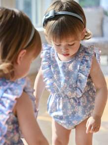 Souflis Souflis Baby Girl Sweet Fresh Ditsy Floral Print Lace Hem Bodysuit, Country Style Suitable For Summer