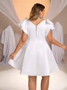 SHEIN Belle Plus Size Simple Short A-Line Waist-Cinching Charming Bowknot Decor Square Collar Ruffle Sleeve White Wedding/Occasion Dress, Bride - White - View 6