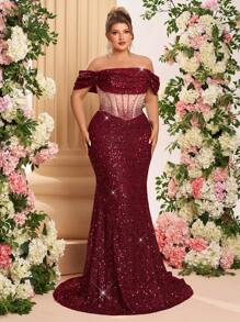 Glamrae Robe de soirée longue de luxe avec épaules transparentes et cristaux strass à la taille, look sirène pailleté élégant, parfait pour une invitée de mariage